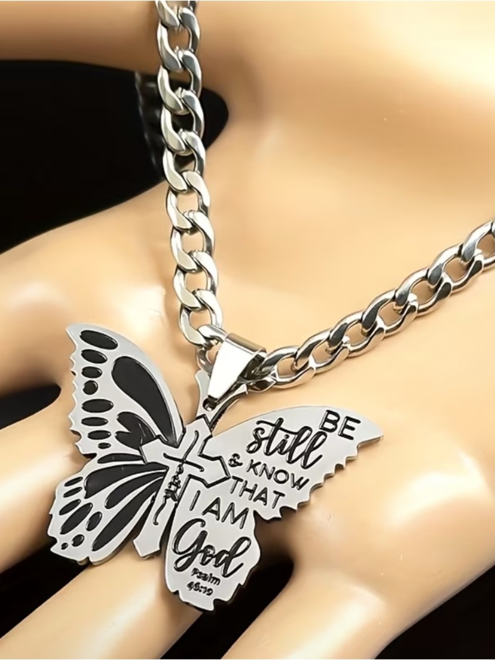 Butterfly Cross Pendant Necklace in Silver Tone - Picture 2 of 4